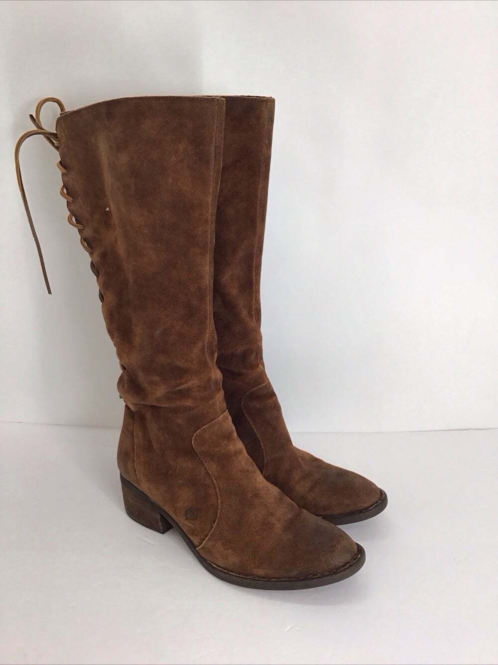 BORN Felicia Distressed Suede Leather Riding Heeled Lace-Up Boots Brown Sz 9.5M
